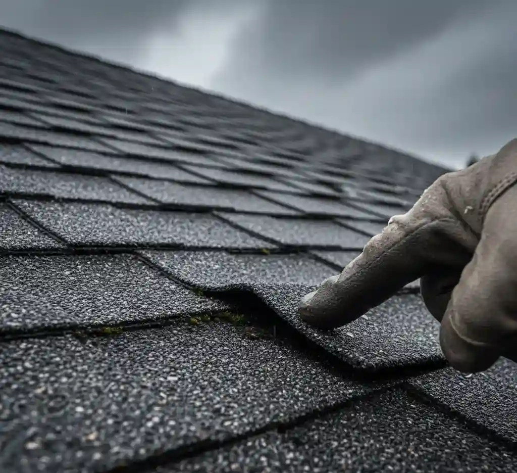Professional roofer inspecting curling shingles and granule loss.