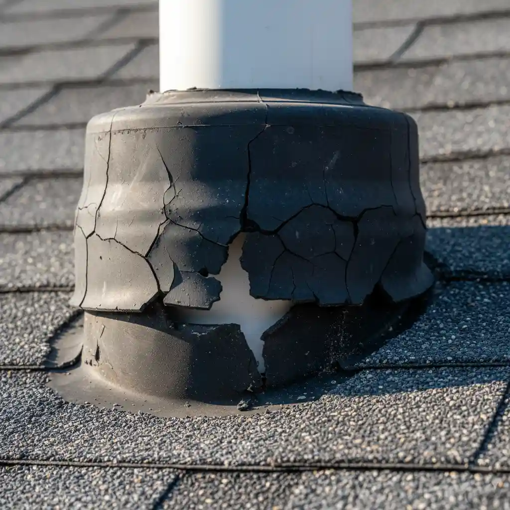 Cracked rubber boot on roof vent pipe causing leaks.