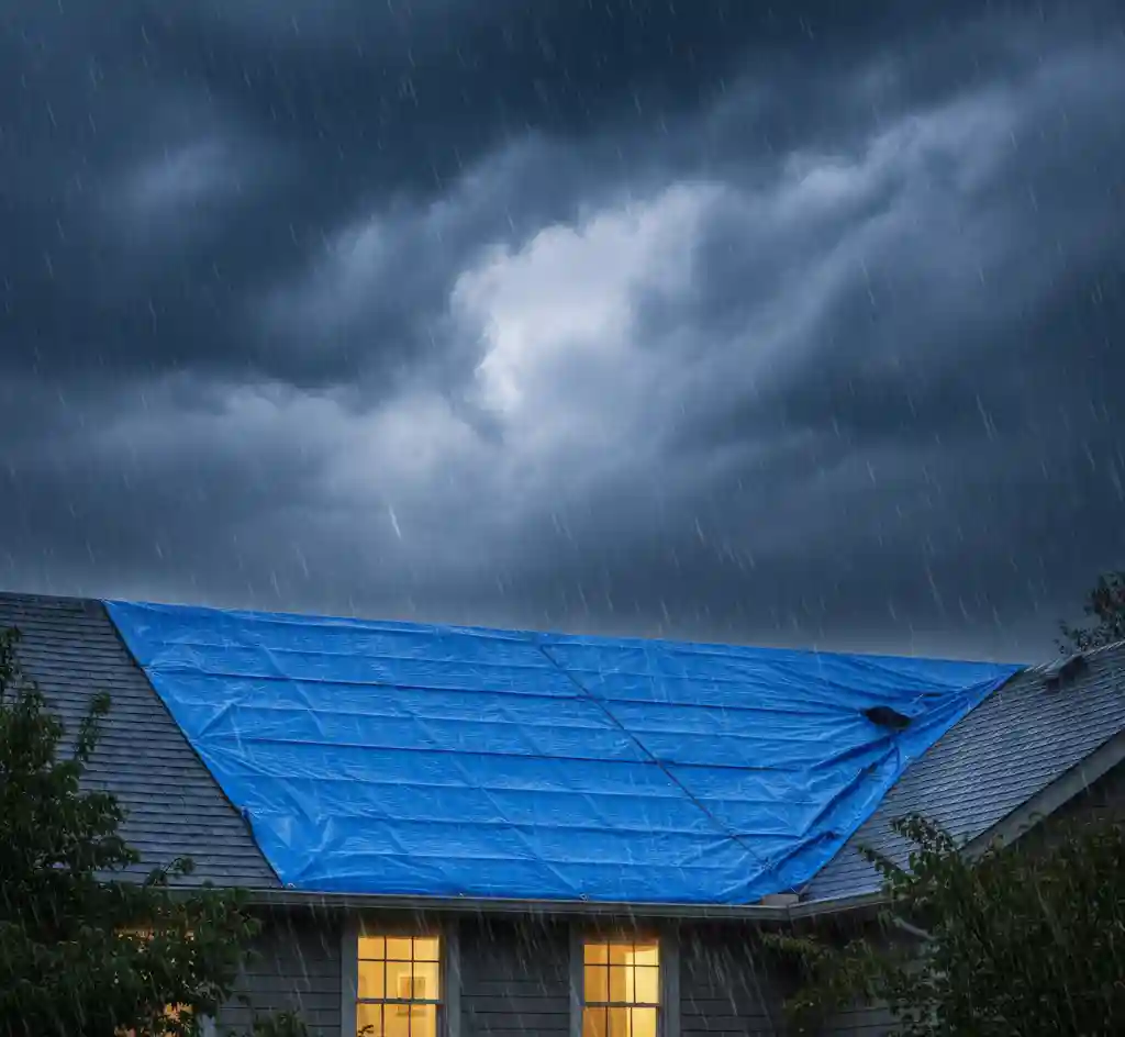 House with emergency blue tarp on roof protecting against storm damage.