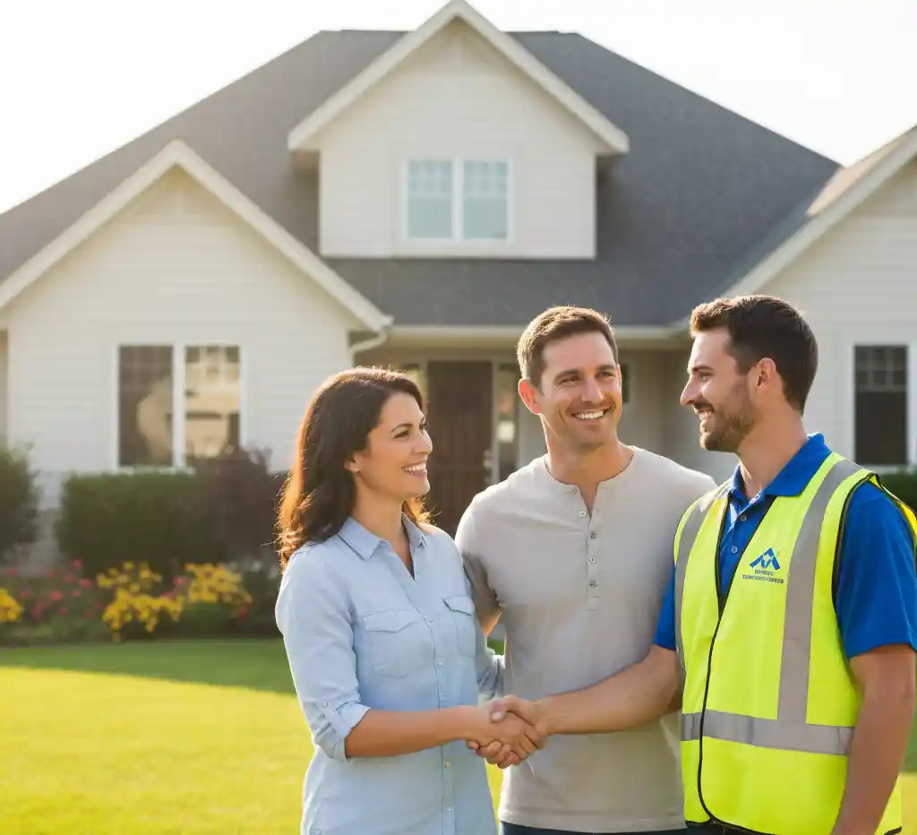 Homeowner shaking hands with a licensed roofing contractor after signing a contract.