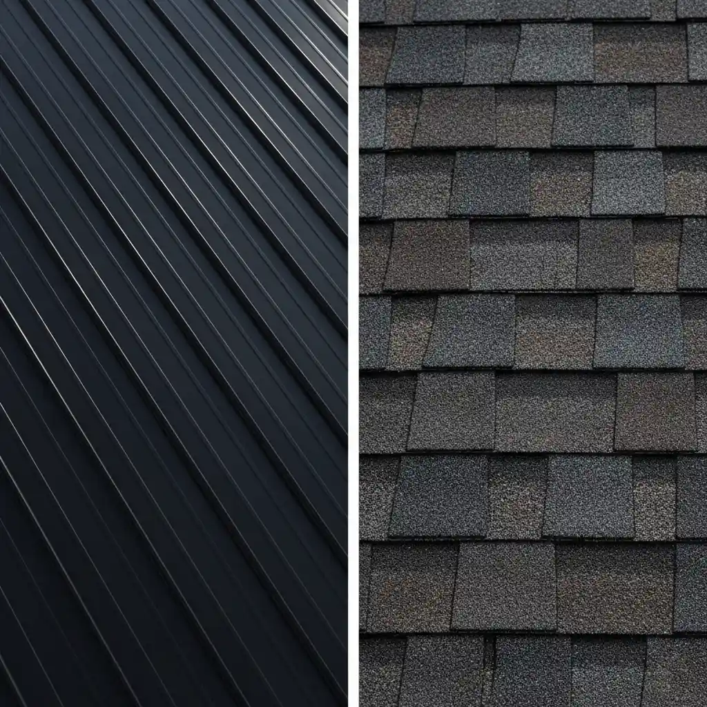 Side-by-side comparison of standing seam metal roof and architectural asphalt shingles.