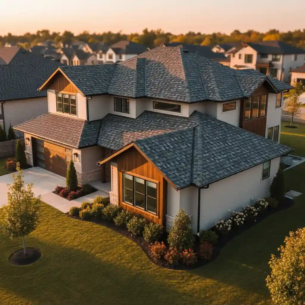 Brand new architectural shingle roof on a two-story American home.