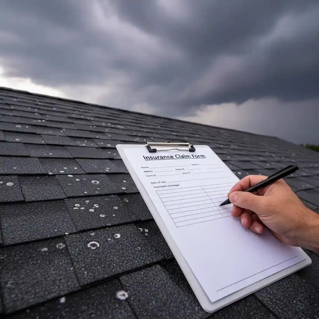 Insurance adjuster documenting hail damage on a roof claim form.