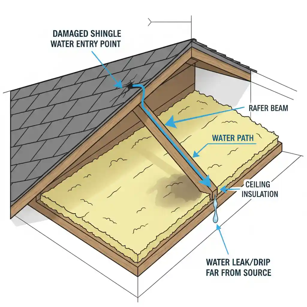 Diagram showing how water travels down rafters causing ceiling stains.