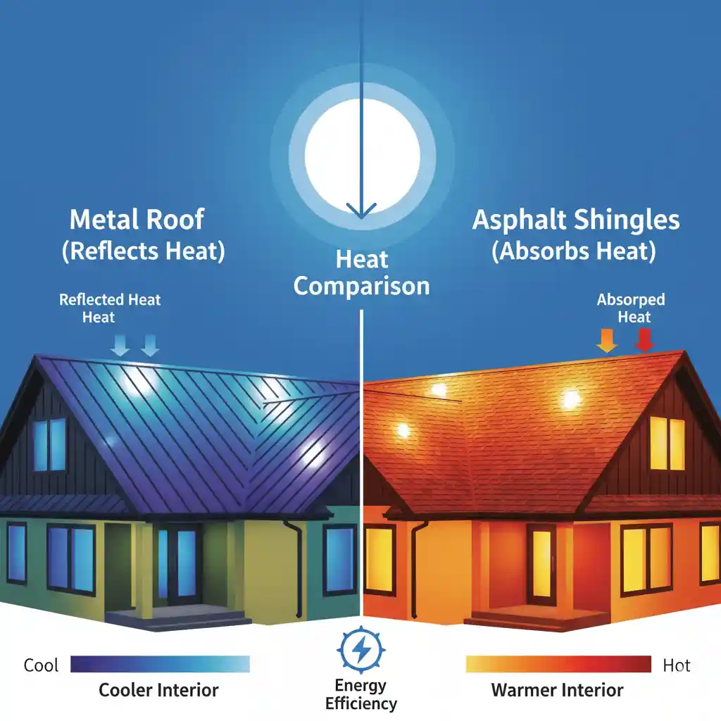 Illustration showing how metal roofs reflect solar heat compared to asphalt shingles.