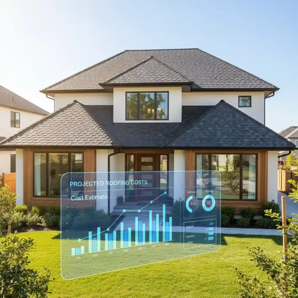 Modern home with new roof and digital cost estimation overlay.