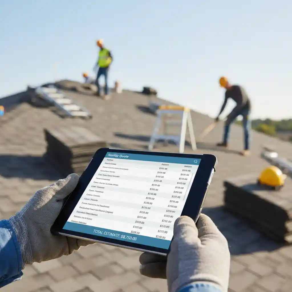 Roofing contractor reviewing a detailed cost estimate on a tablet.
